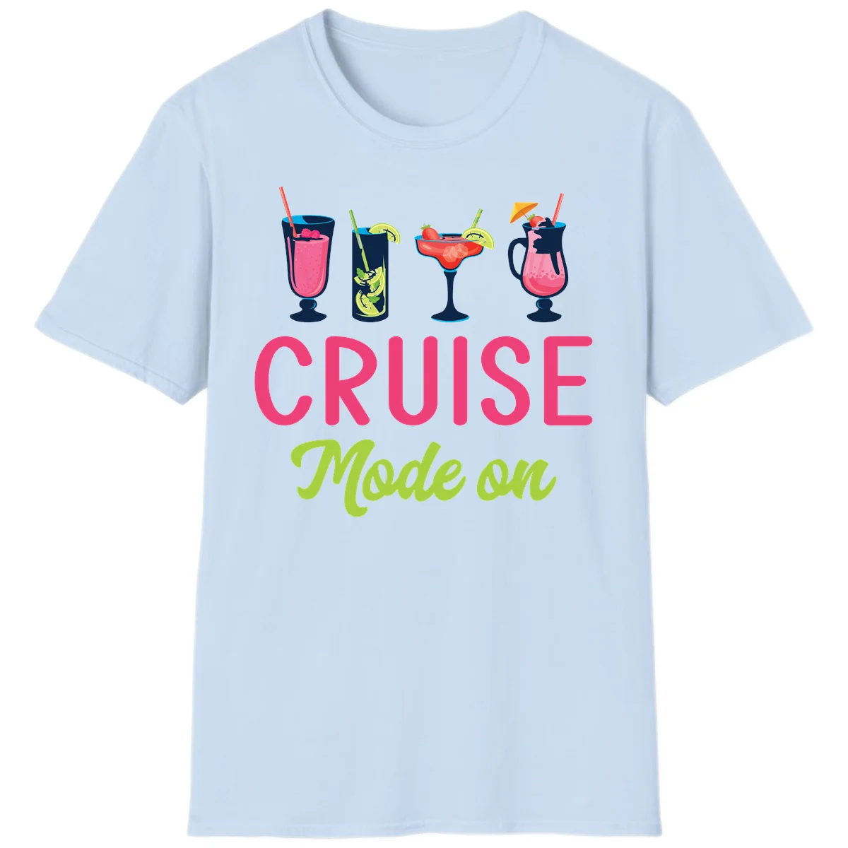 Cruise Mode On Tropical Cocktail Vacation T-Shirt in Light Blue