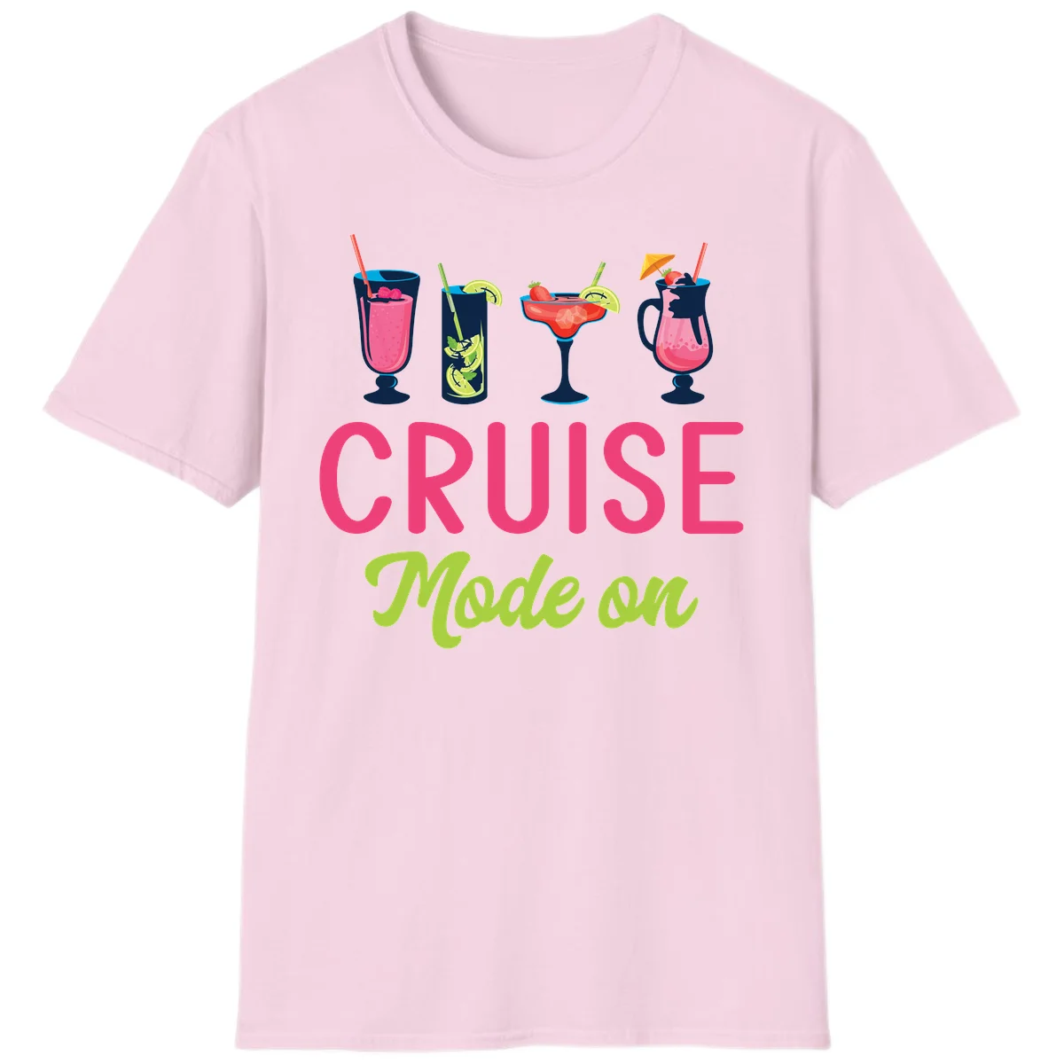 Cruise Mode On Tropical Cocktail Vacation T-Shirt in Light Pink