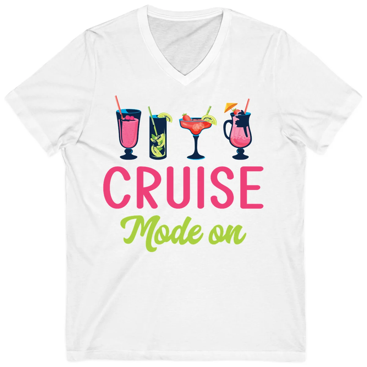Cruise Mode On Tropical Cocktail V-Neck T-Shirt in White
