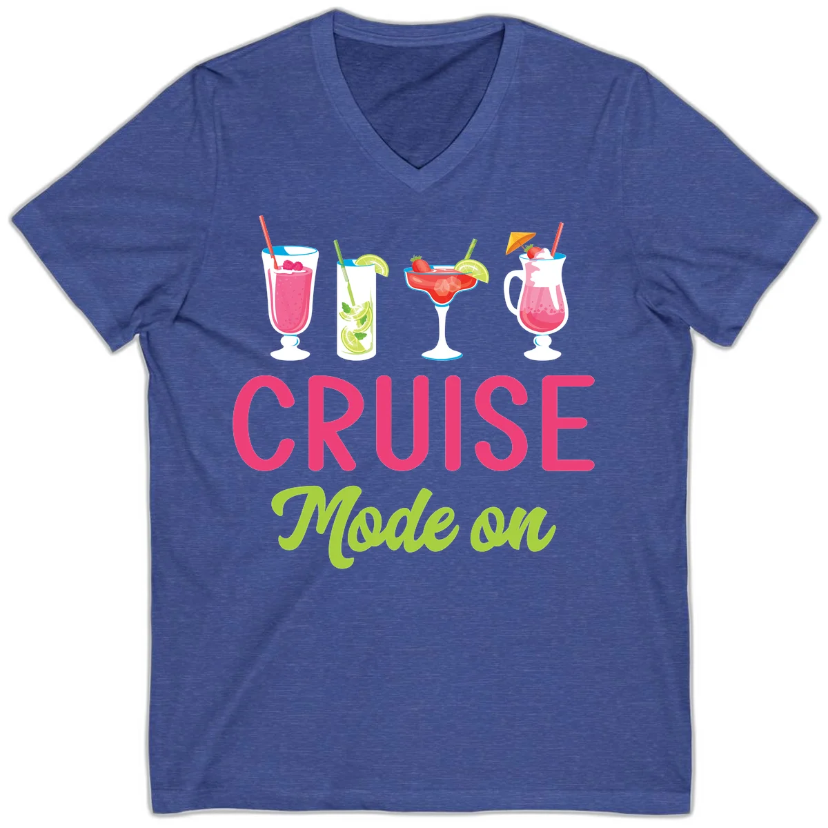 Cruise Mode On Tropical Cocktail V-Neck T-Shirt in Heather True Royal