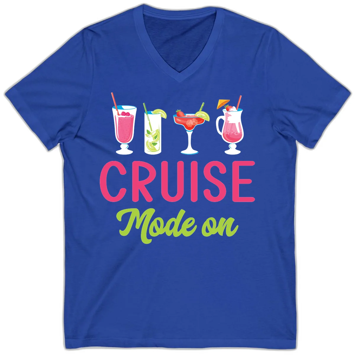Cruise Mode On Tropical Cocktail V-Neck T-Shirt in True Royal