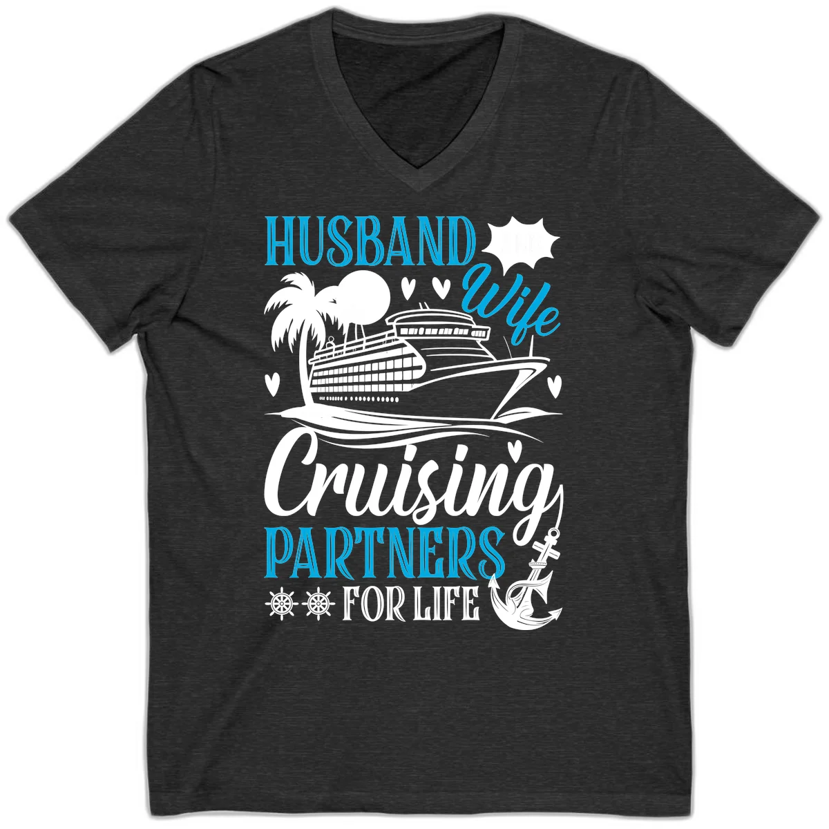 Husband Cruising Partners For Life V-Neck in Dark Grey Heather