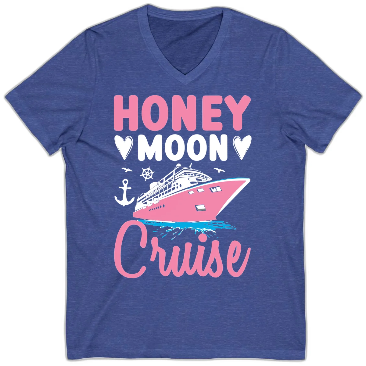 Honeymoon Cruise Club V-Neck Tee for Your Trip in Heather True Royal