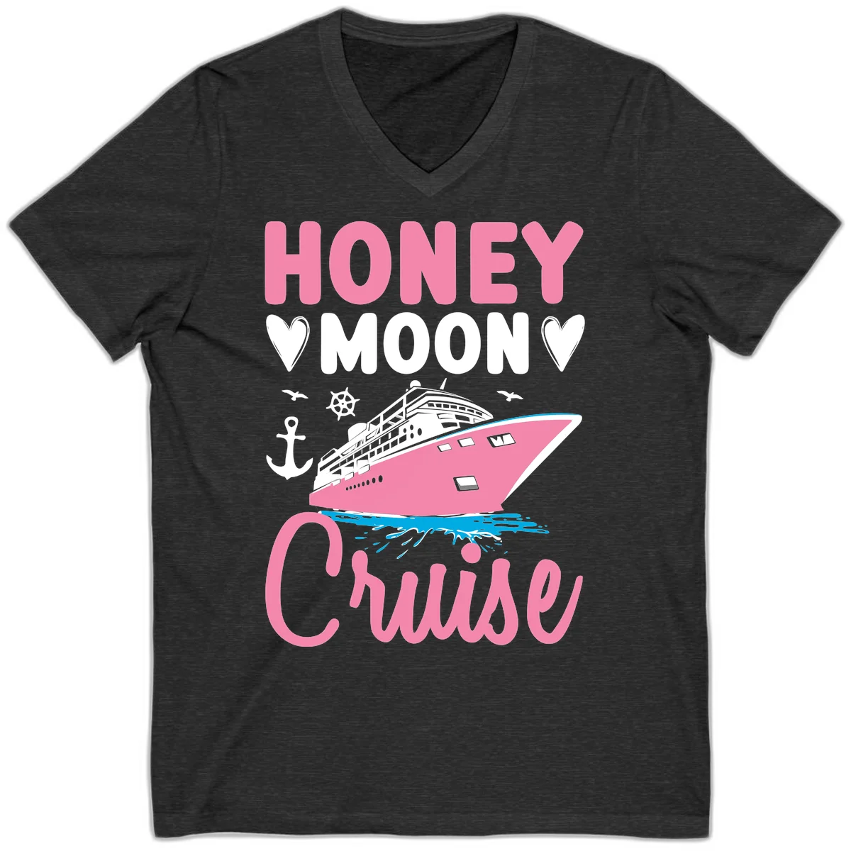 Honeymoon Cruise Club V-Neck Tee for Your Trip in Dark Grey Heather