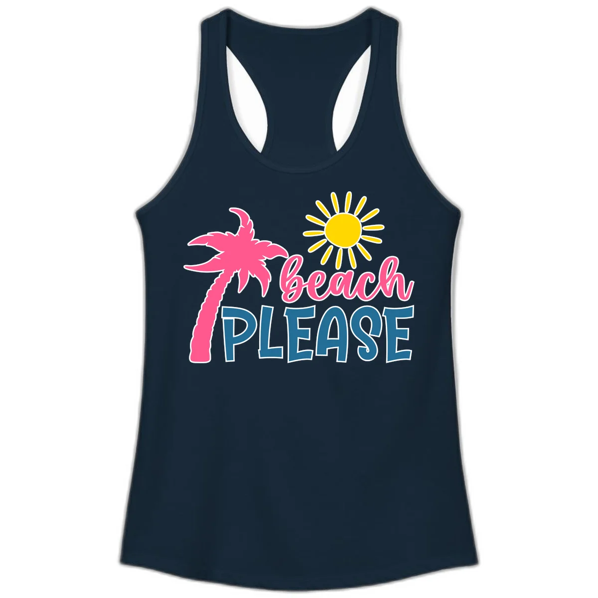 Beach Please Palm Sun Ladies Tank in Solid Midnight Navy