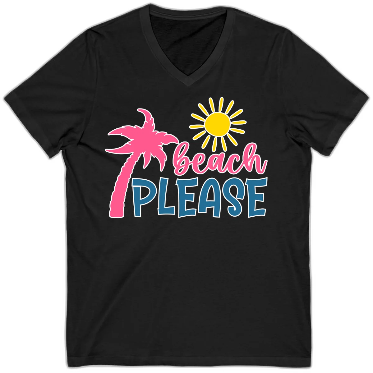 Beach Please Palm Sun V-Neck T-Shirt in Black