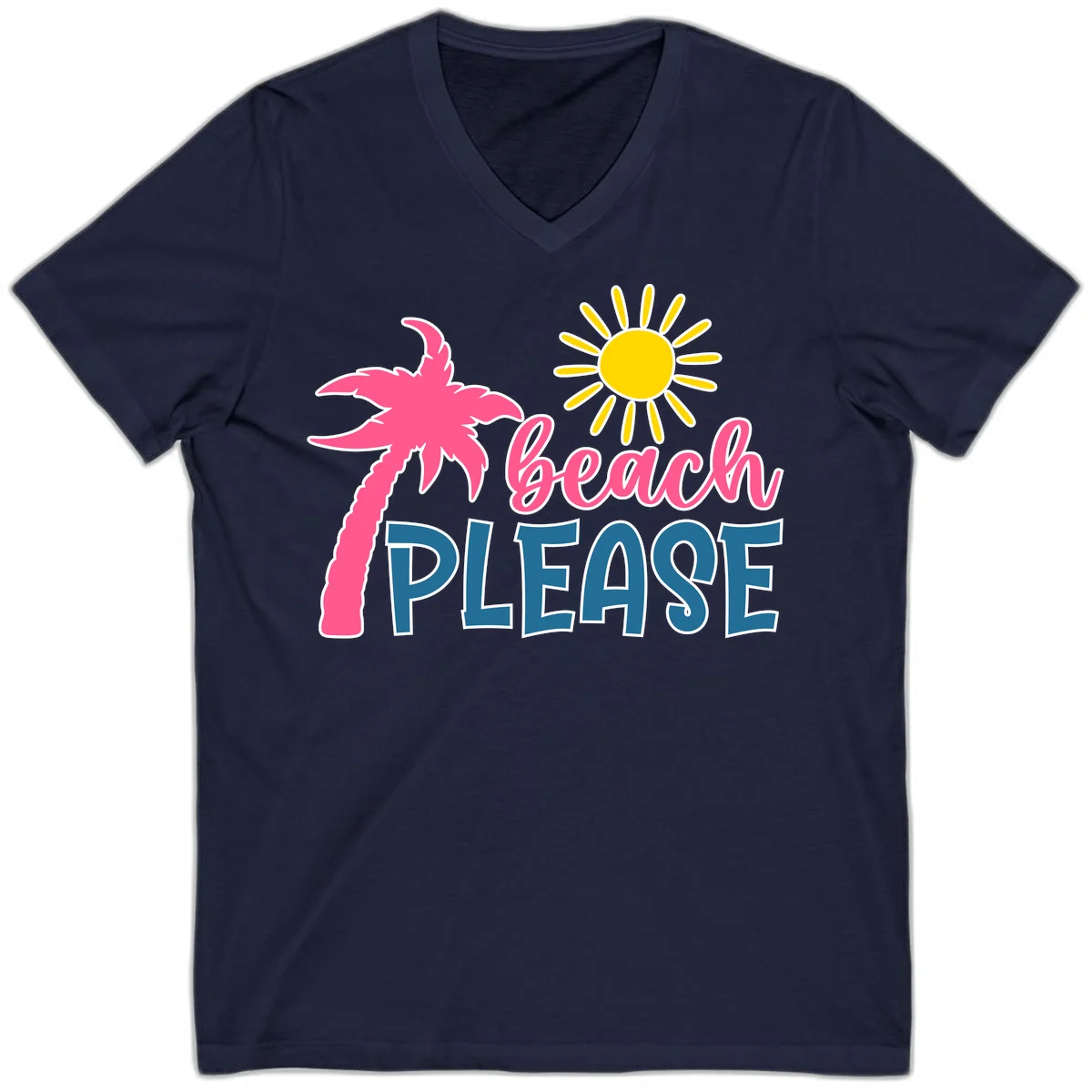 Beach Please Palm Sun V-Neck T-Shirt in Navy