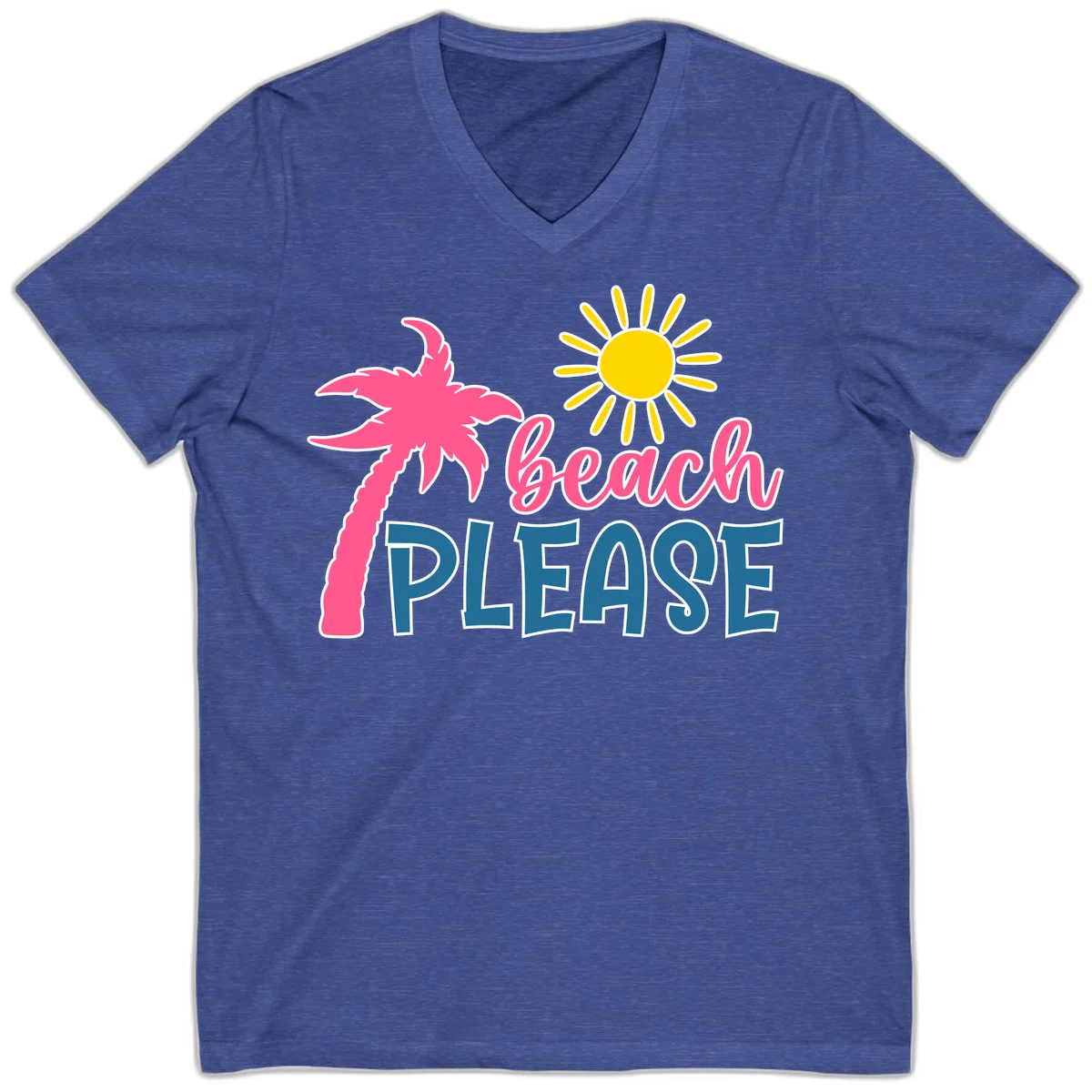 Beach Please Palm Sun V-Neck T-Shirt in Heather True Royal