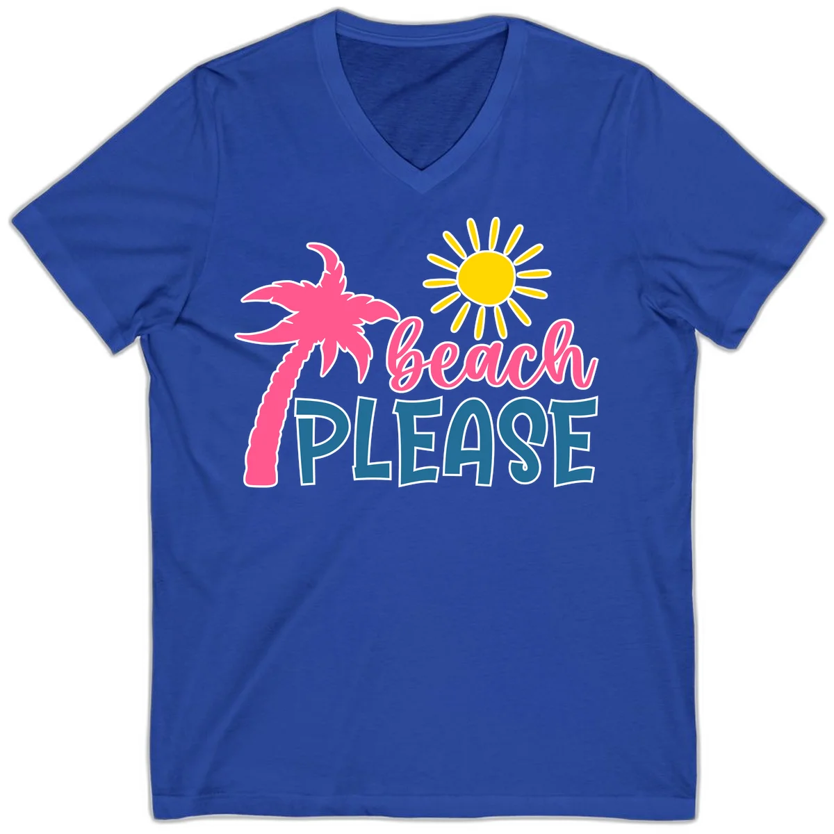 Beach Please Palm Sun V-Neck T-Shirt in True Royal