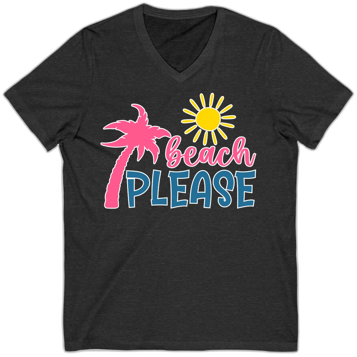 Beach Please Palm Sun V-Neck T-Shirt in Dark Grey Heather