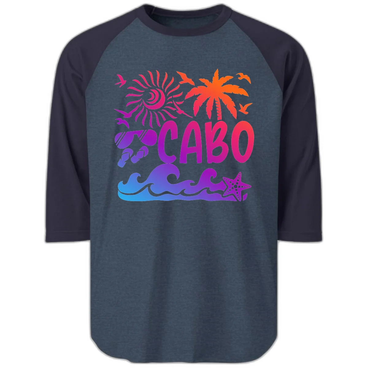 Cabo Tropical Paradise Vibes Raglan 3/4 in Heather Denim Navy