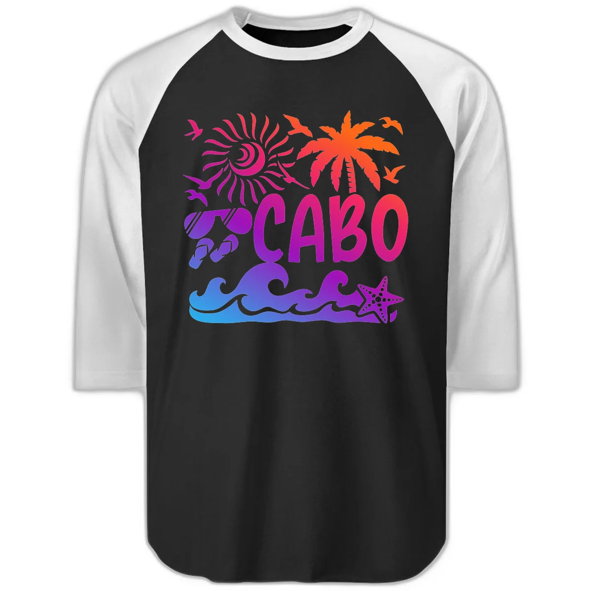 Cabo Tropical Paradise Vibes Raglan 3/4 in Black White