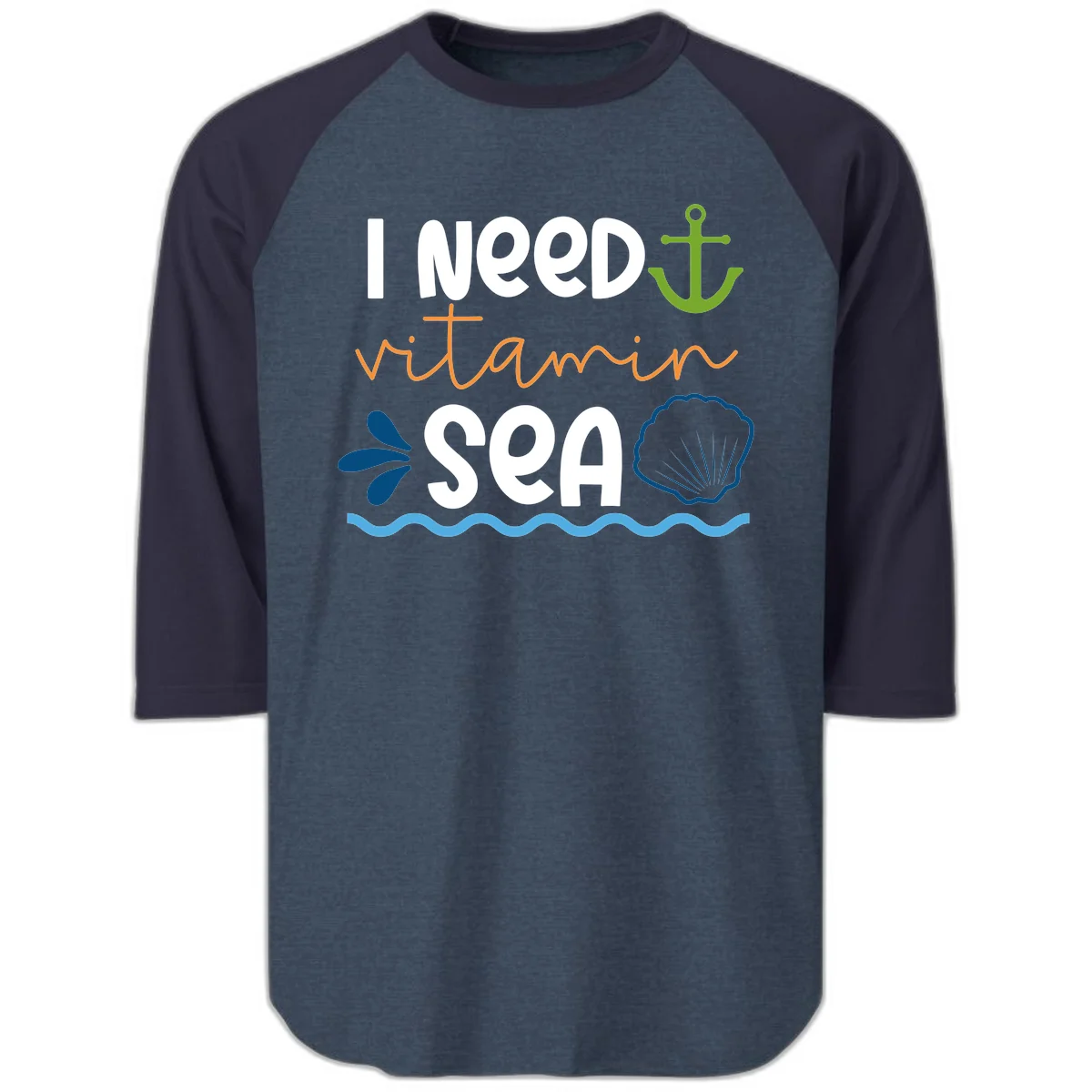 I Need Vitamin Sea Raglan 3/4 Sleeve Baseball Tee in Heather Denim Navy
