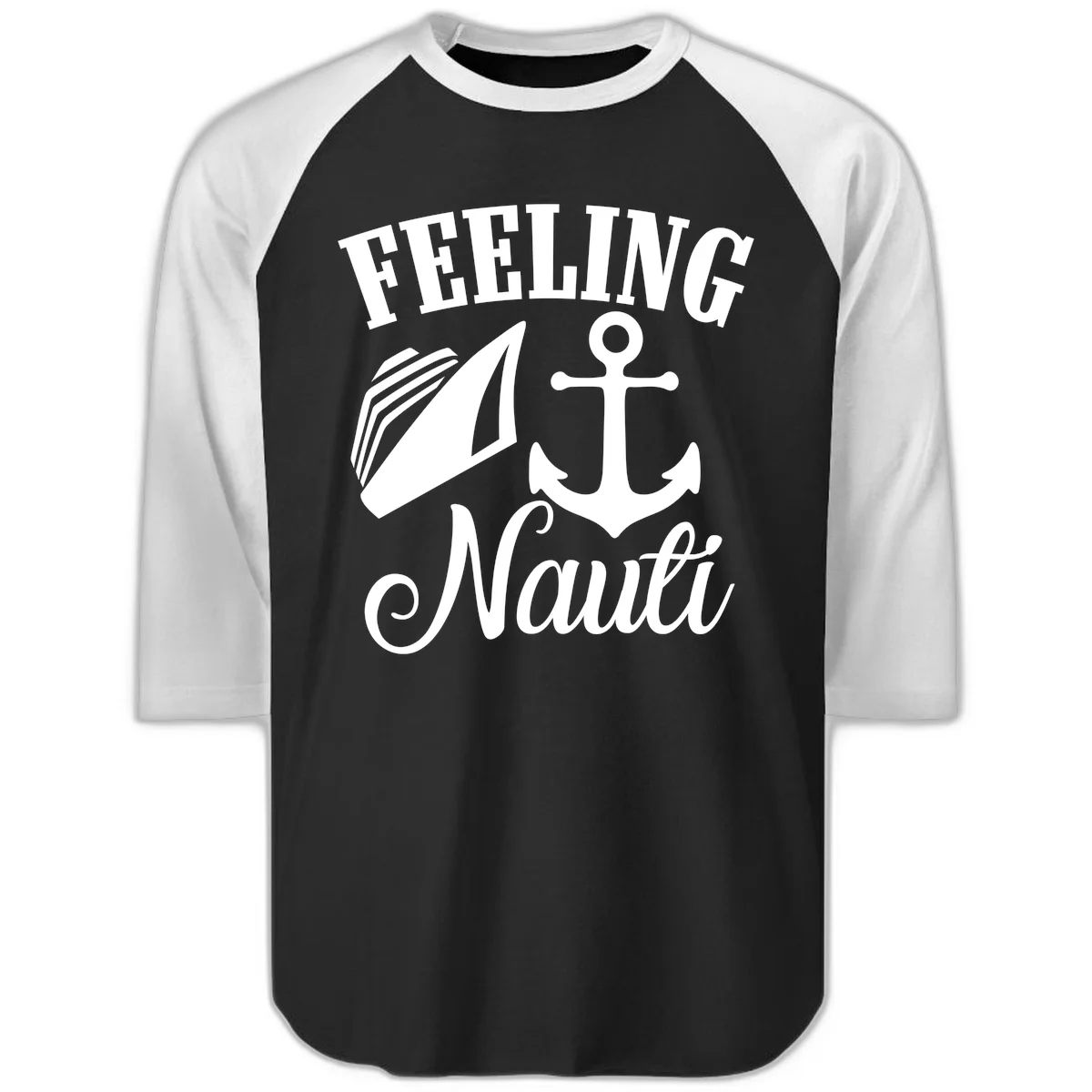Feeling Nauti Anchor & Sailboat Raglan 3/4 in Black White