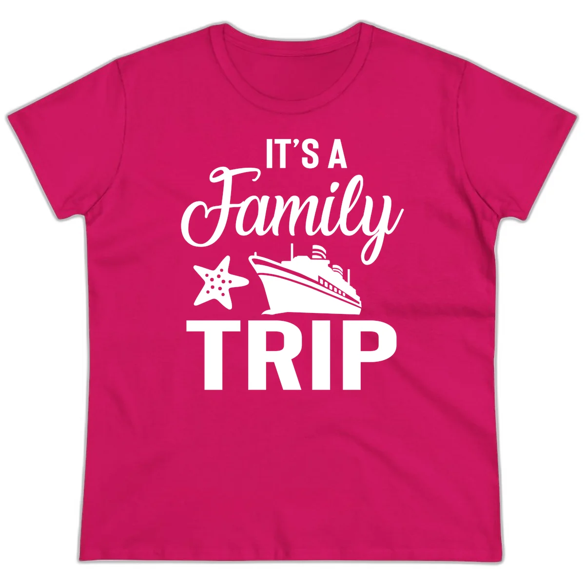 It's A Family Trip Ladies Tee in Heliconia