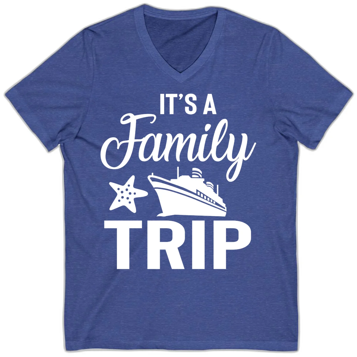 It's A Family Trip V-Neck in Heather True Royal
