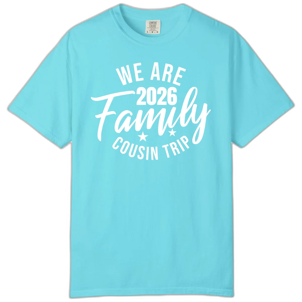 We Are 2026 Family Cousin Trip Comfort Colors Tee in Lagoon Blue