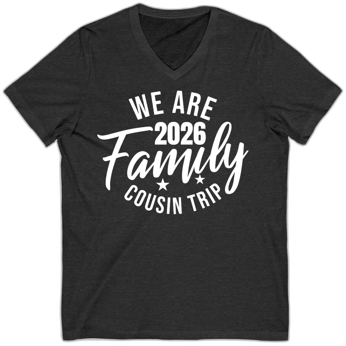 We Are 2026 Family Cousin Trip V-Neck Cruise Shirt in Dark Grey Heather