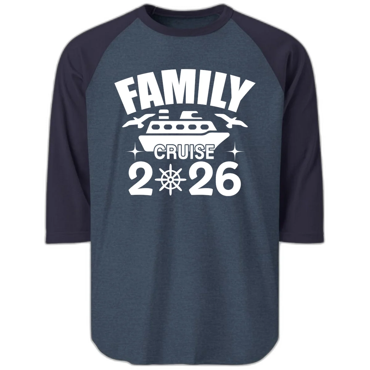 Family Cruise 2026 Raglan 3/4 Sleeve Tee in Heather Denim Navy