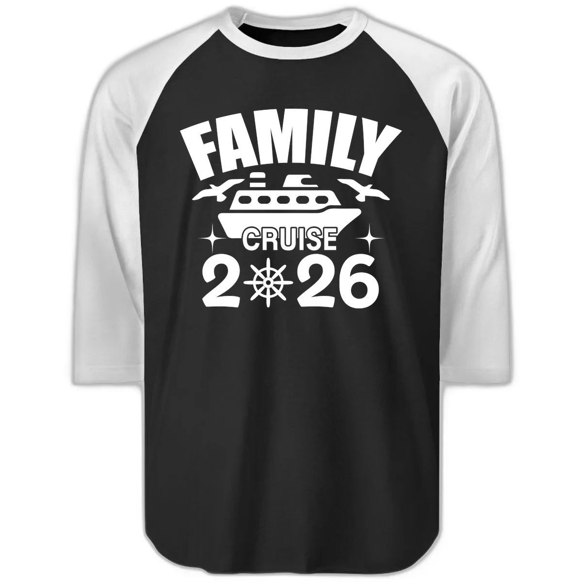 Family Cruise 2026 Raglan 3/4 Sleeve Tee in Black White