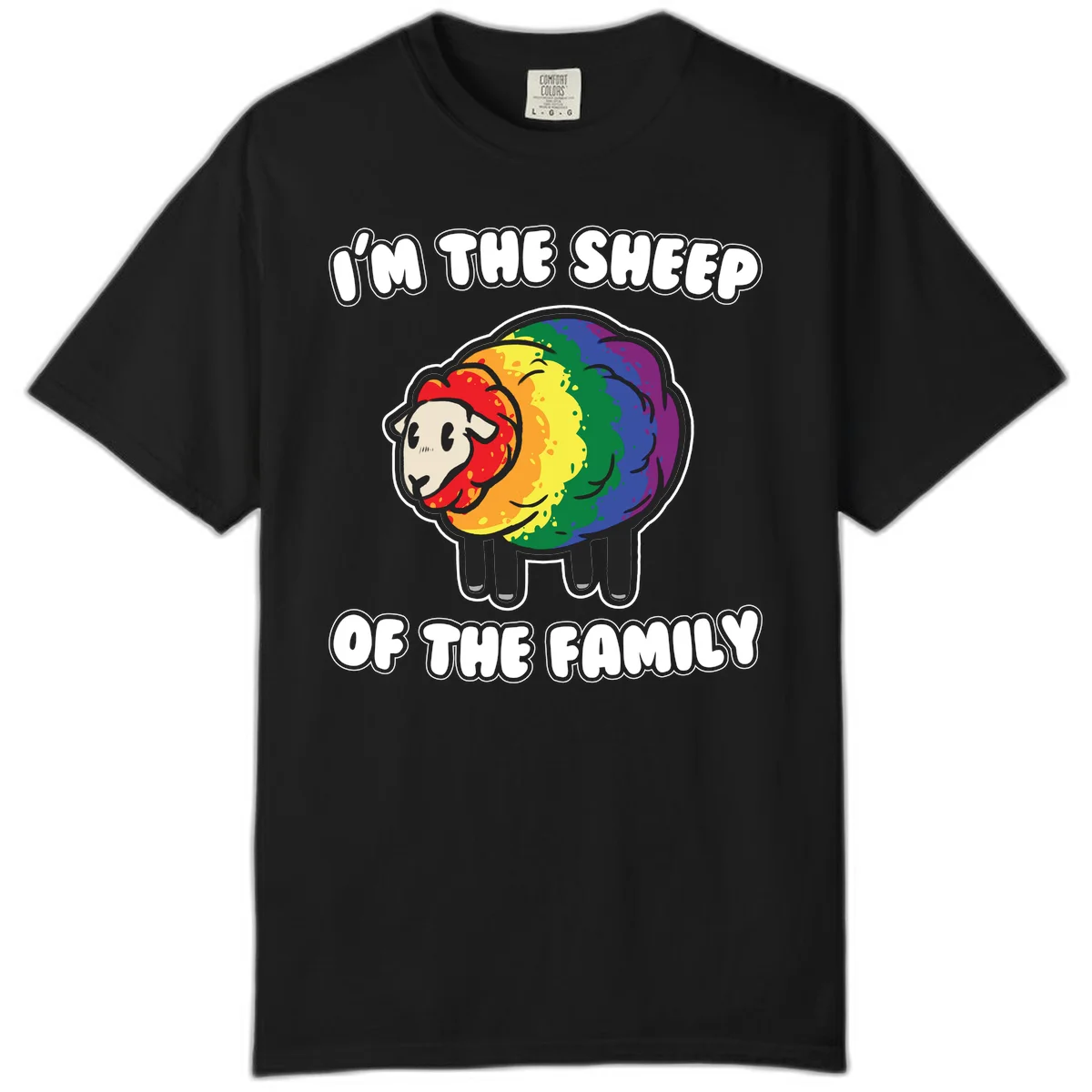 Cartoon rainbow sheep with pride flag colors wool and text reading 'I'm The Sheep Of The Family' in Black