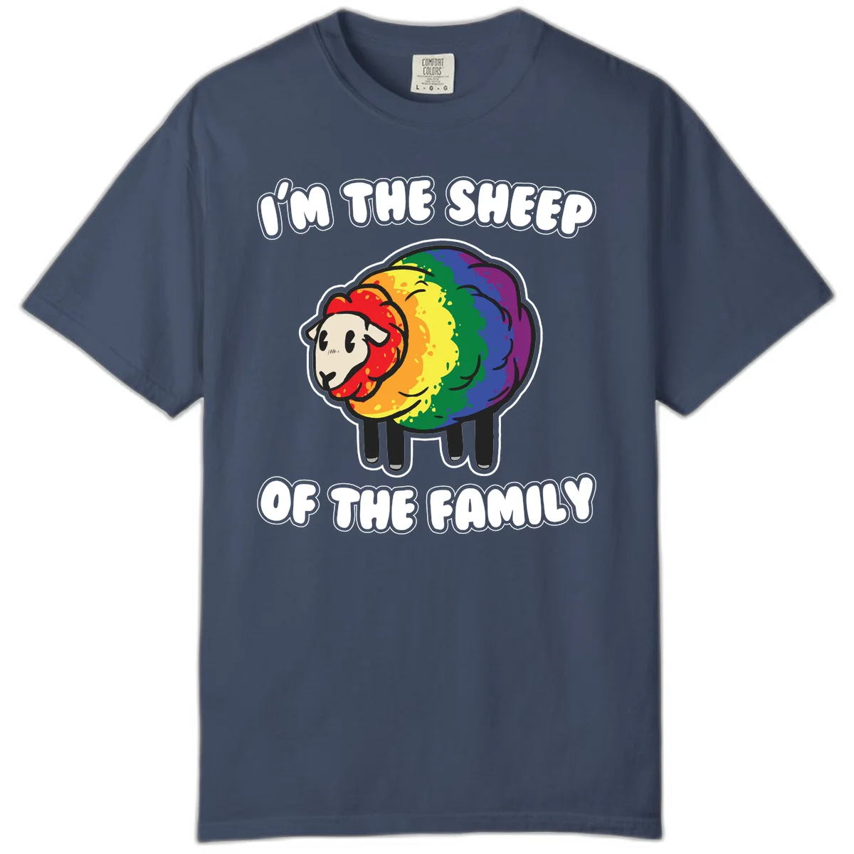Cartoon rainbow sheep with pride flag colors wool and text reading 'I'm The Sheep Of The Family' in Midnight