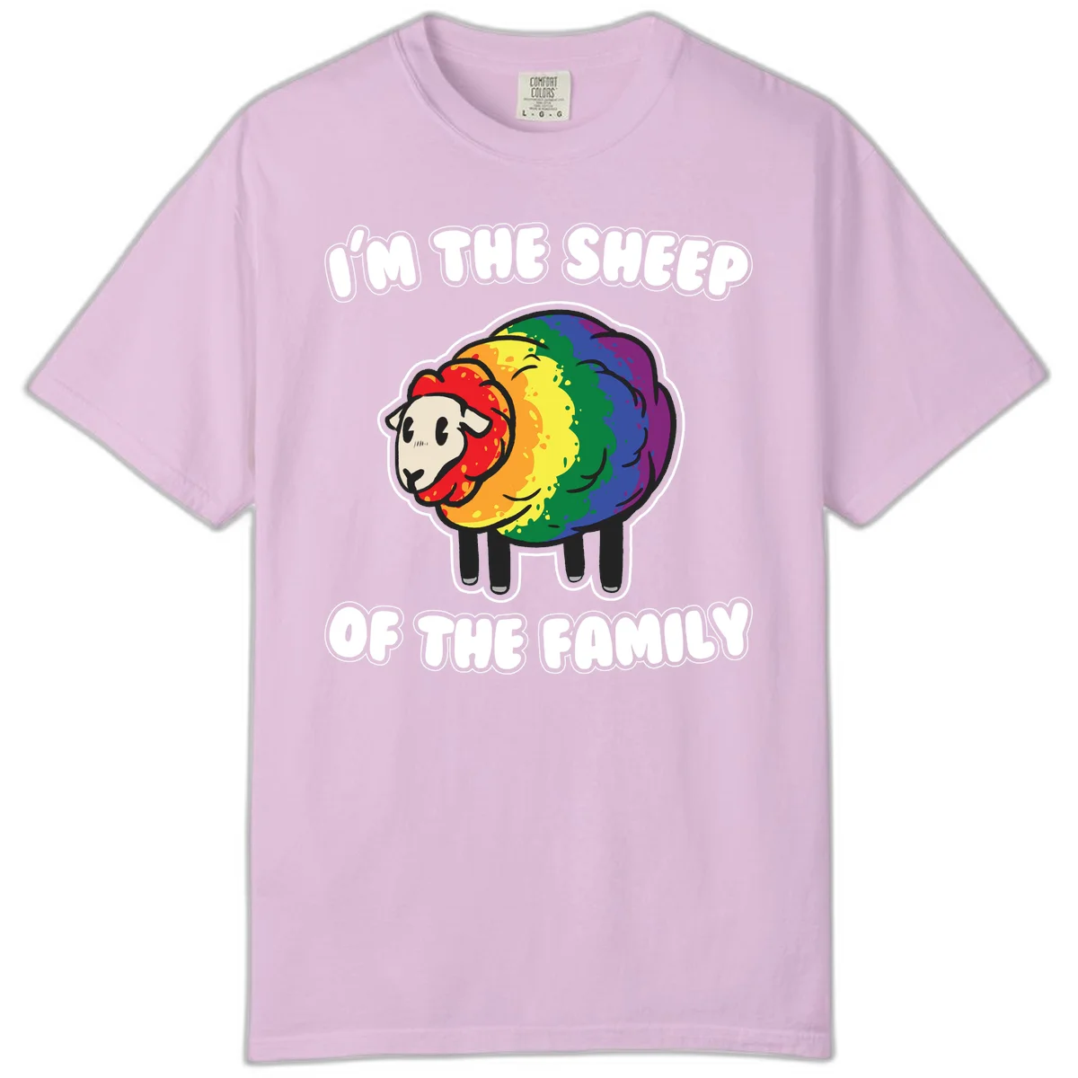 Cartoon rainbow sheep with pride flag colors wool and text reading 'I'm The Sheep Of The Family' in Orchid