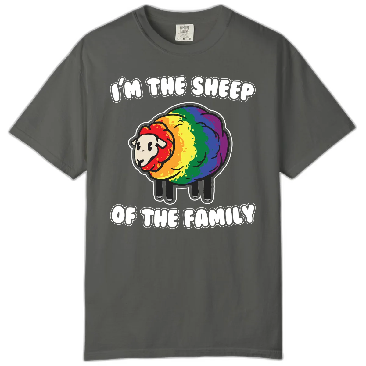 Cartoon rainbow sheep with pride flag colors wool and text reading 'I'm The Sheep Of The Family' in Pepper