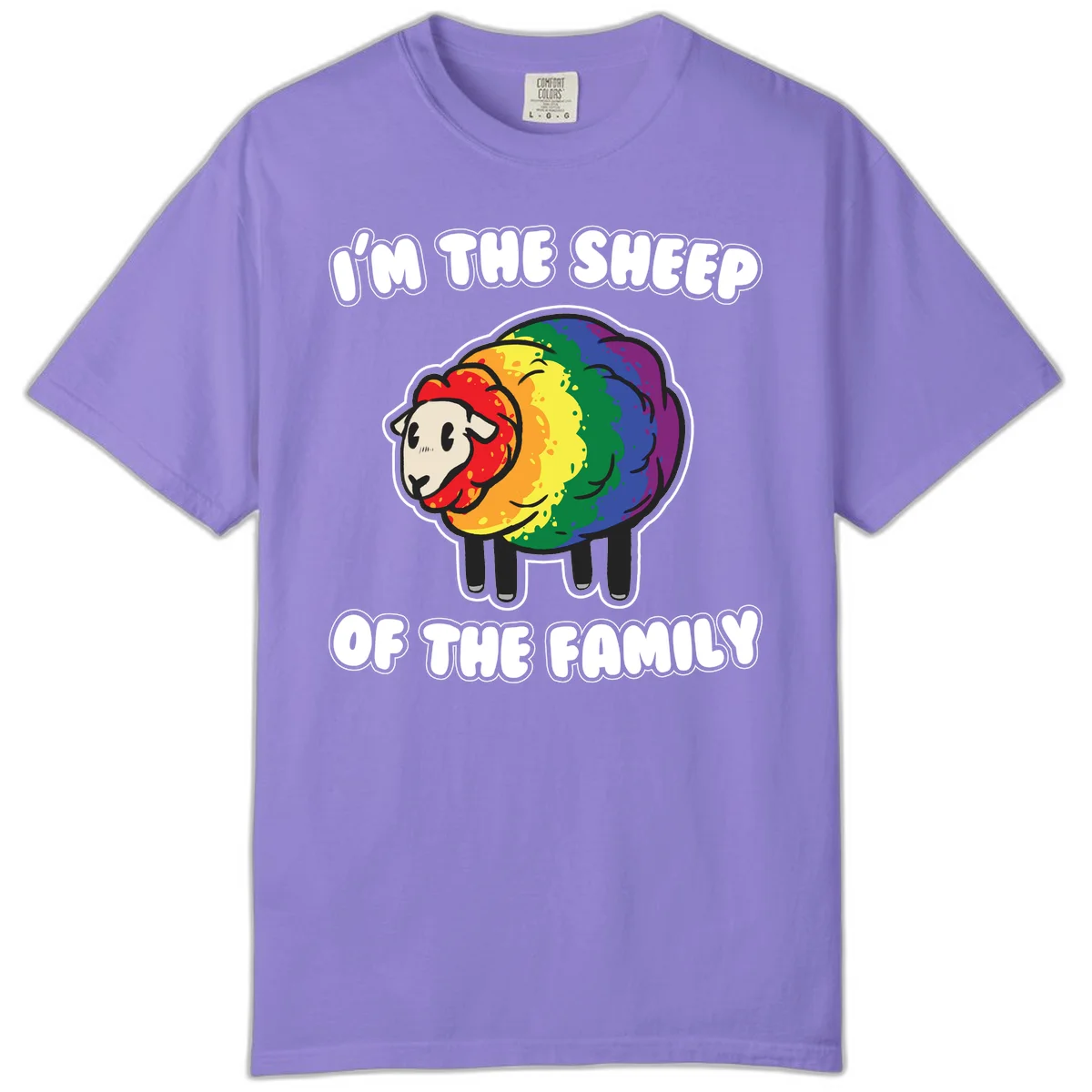 Cartoon rainbow sheep with pride flag colors wool and text reading 'I'm The Sheep Of The Family' in Violet