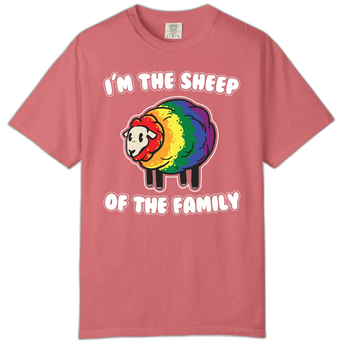 Cartoon rainbow sheep with pride flag colors wool and text reading 'I'm The Sheep Of The Family' in Watermelon