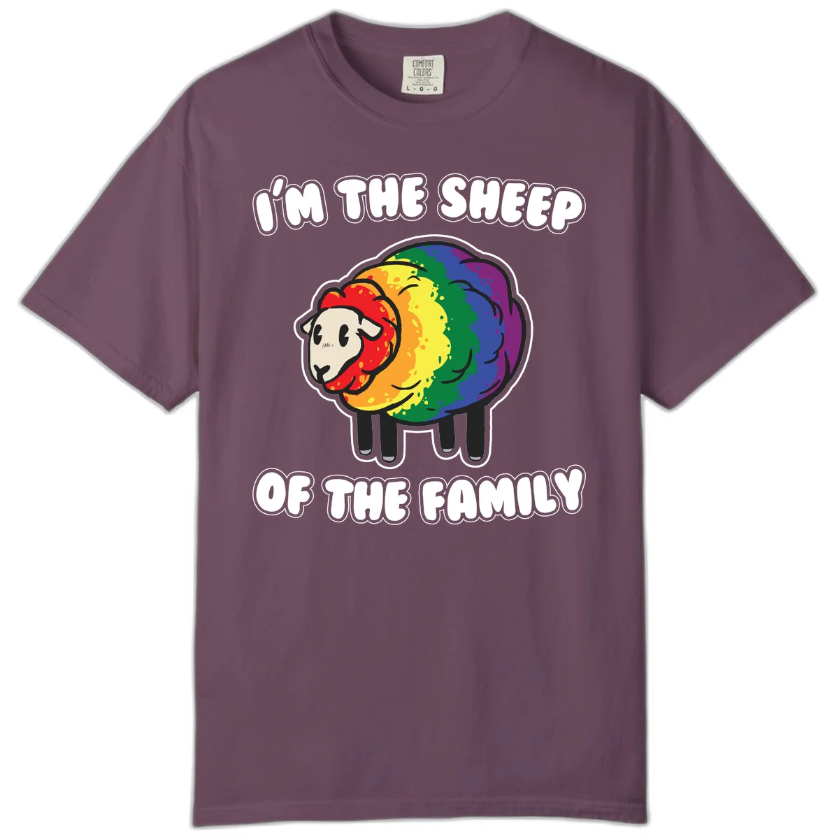 Cartoon rainbow sheep with pride flag colors wool and text reading 'I'm The Sheep Of The Family' in Berry