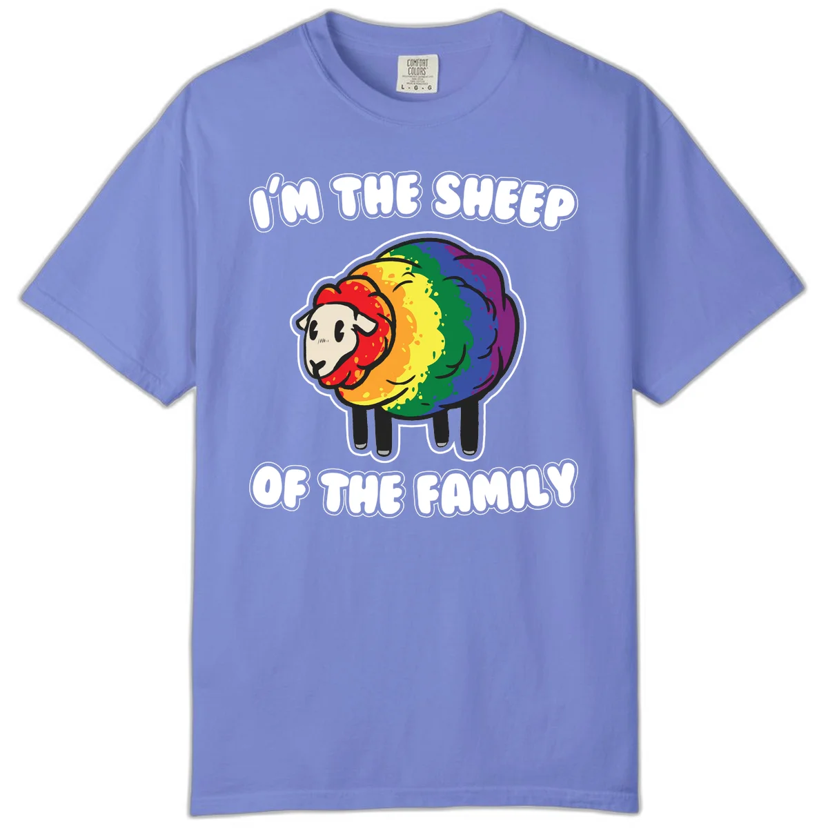 Cartoon rainbow sheep with pride flag colors wool and text reading 'I'm The Sheep Of The Family' in Flo Blue