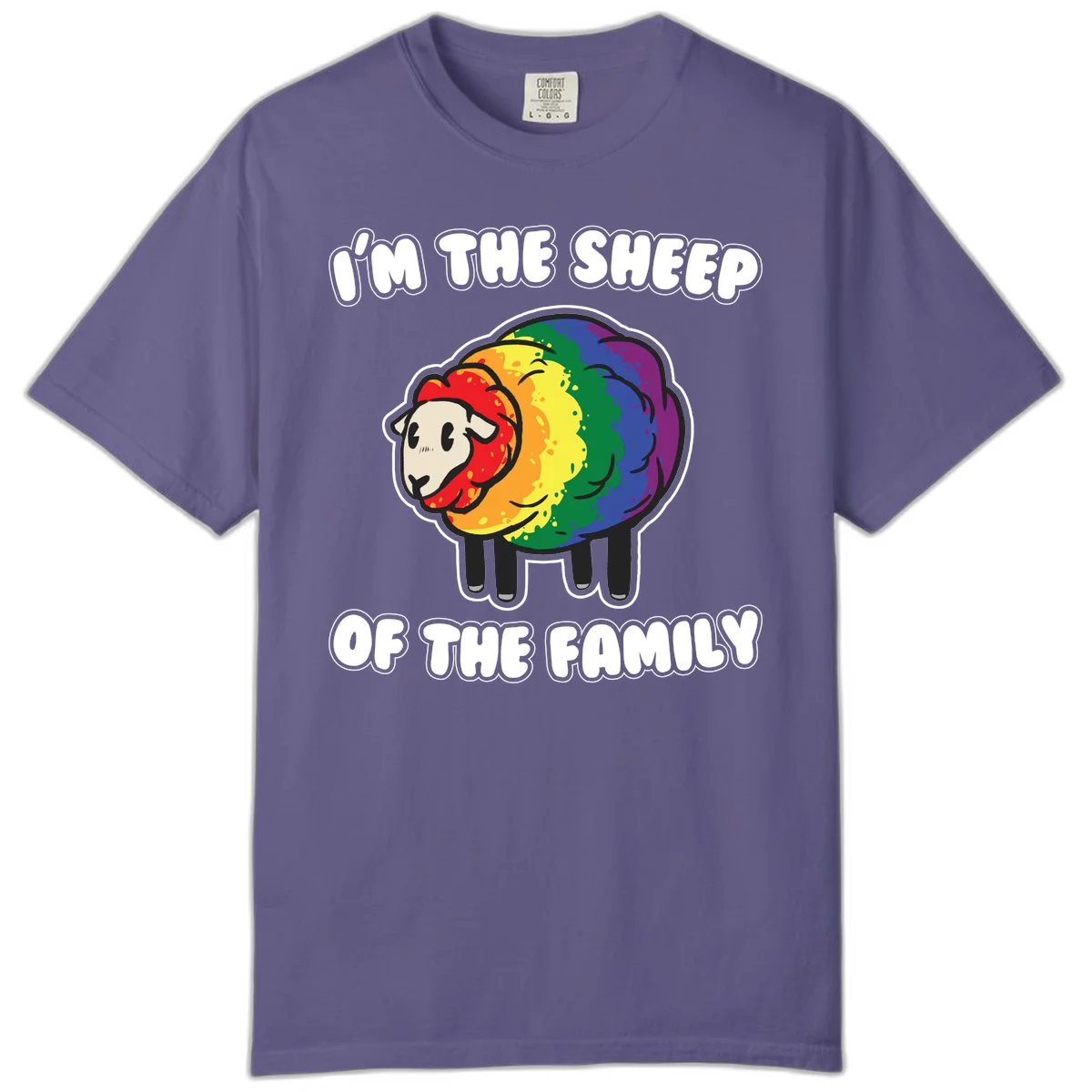 Cartoon rainbow sheep with pride flag colors wool and text reading 'I'm The Sheep Of The Family' in Grape