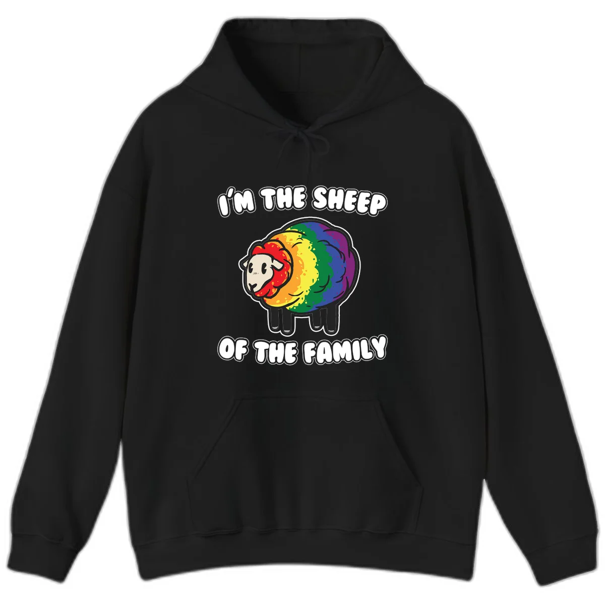 Cartoon rainbow sheep with pride flag colors wool and text reading 'I'm The Sheep Of The Family' in Black