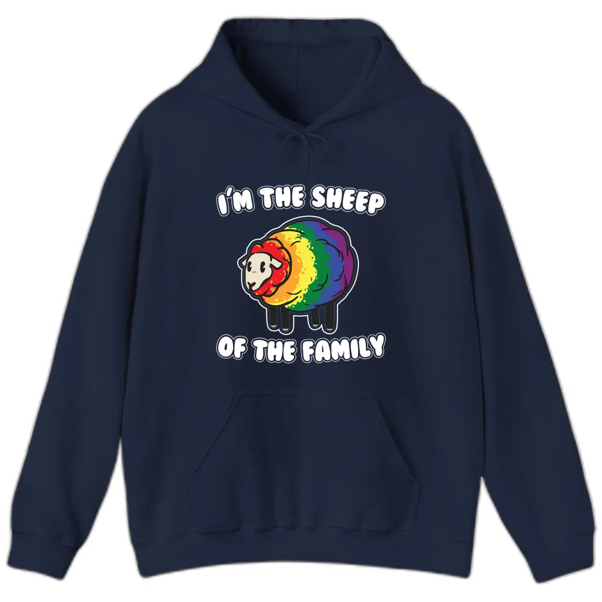 Cartoon rainbow sheep with pride flag colors wool and text reading 'I'm The Sheep Of The Family' in Navy