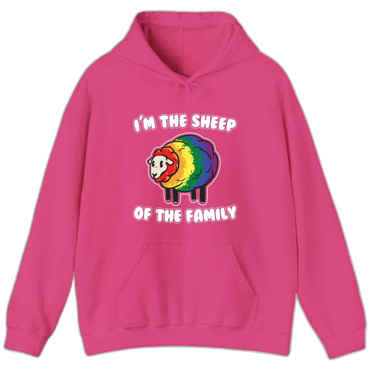 Cartoon rainbow sheep with pride flag colors wool and text reading 'I'm The Sheep Of The Family' in Heliconia