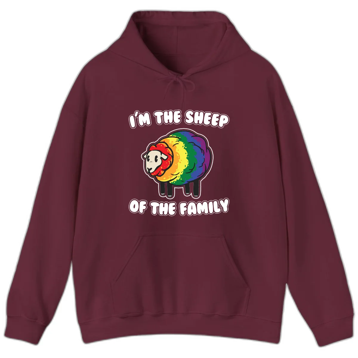Cartoon rainbow sheep with pride flag colors wool and text reading 'I'm The Sheep Of The Family' in Maroon