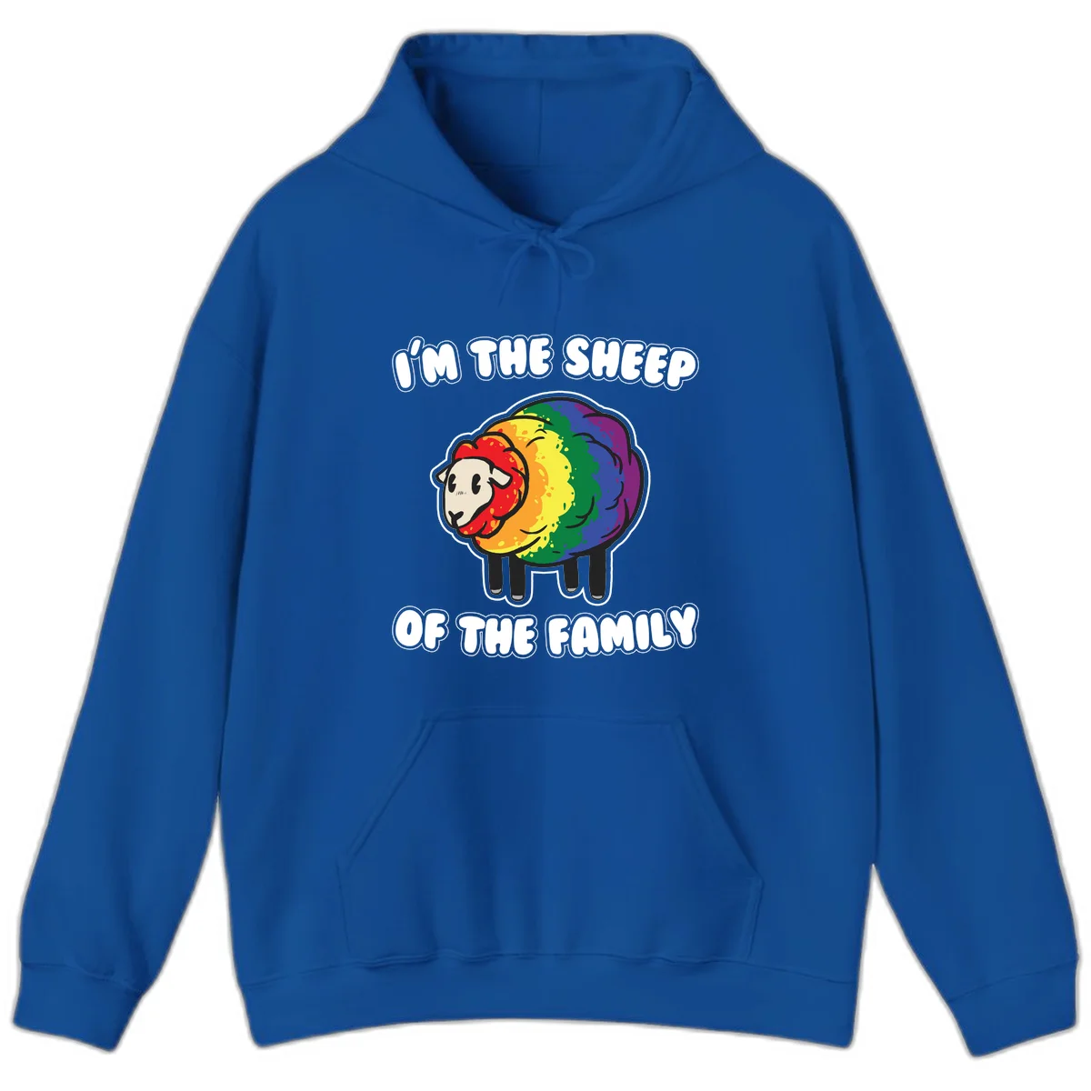 Cartoon rainbow sheep with pride flag colors wool and text reading 'I'm The Sheep Of The Family' in Royal