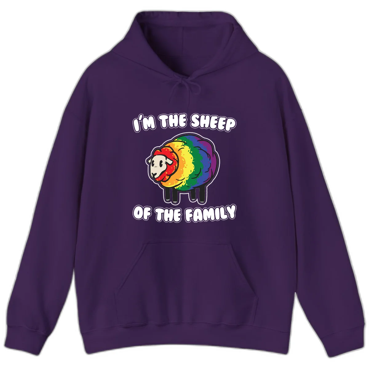 Cartoon rainbow sheep with pride flag colors wool and text reading 'I'm The Sheep Of The Family' in Purple