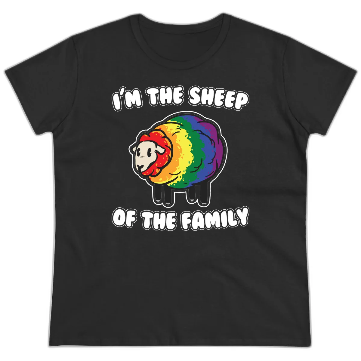 Cartoon rainbow sheep with pride flag colors wool and text reading 'I'm The Sheep Of The Family' in Black