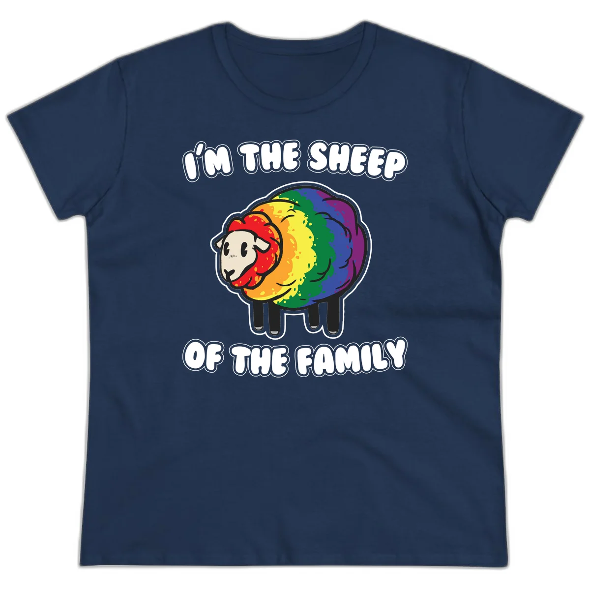 Cartoon rainbow sheep with pride flag colors wool and text reading 'I'm The Sheep Of The Family' in Navy