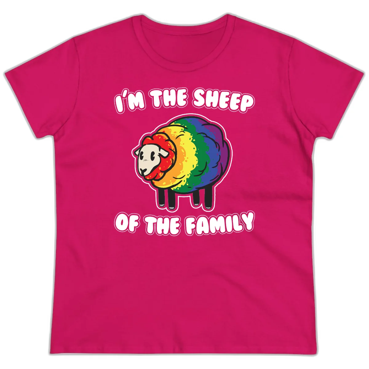 Cartoon rainbow sheep with pride flag colors wool and text reading 'I'm The Sheep Of The Family' in Heliconia