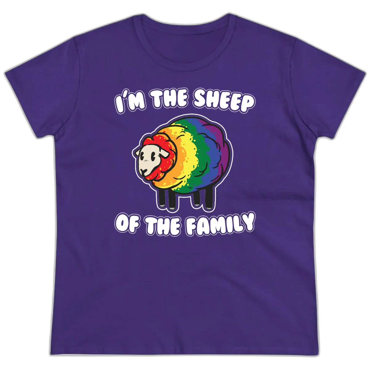 Cartoon rainbow sheep with pride flag colors wool and text reading 'I'm The Sheep Of The Family' in Purple
