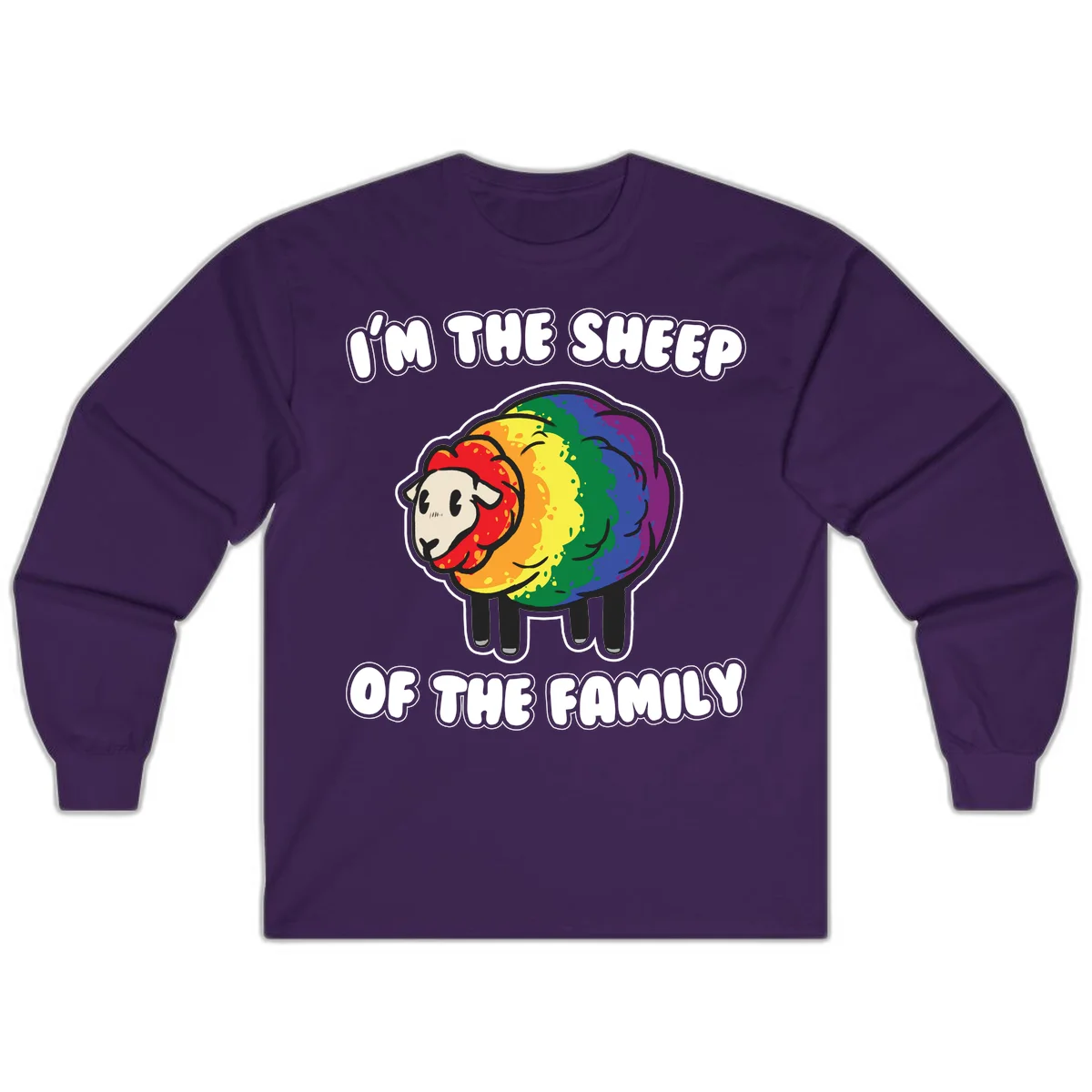 Cartoon rainbow sheep with pride flag colors wool and text reading 'I'm The Sheep Of The Family' in Purple