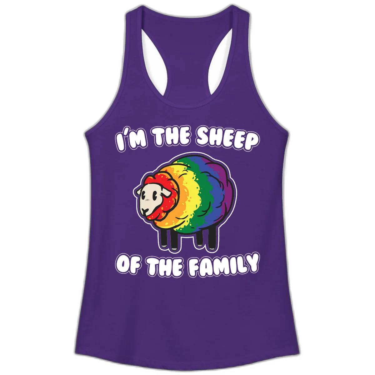Cartoon rainbow sheep with pride flag colors wool and text reading 'I'm The Sheep Of The Family' in Solid Purple Rush