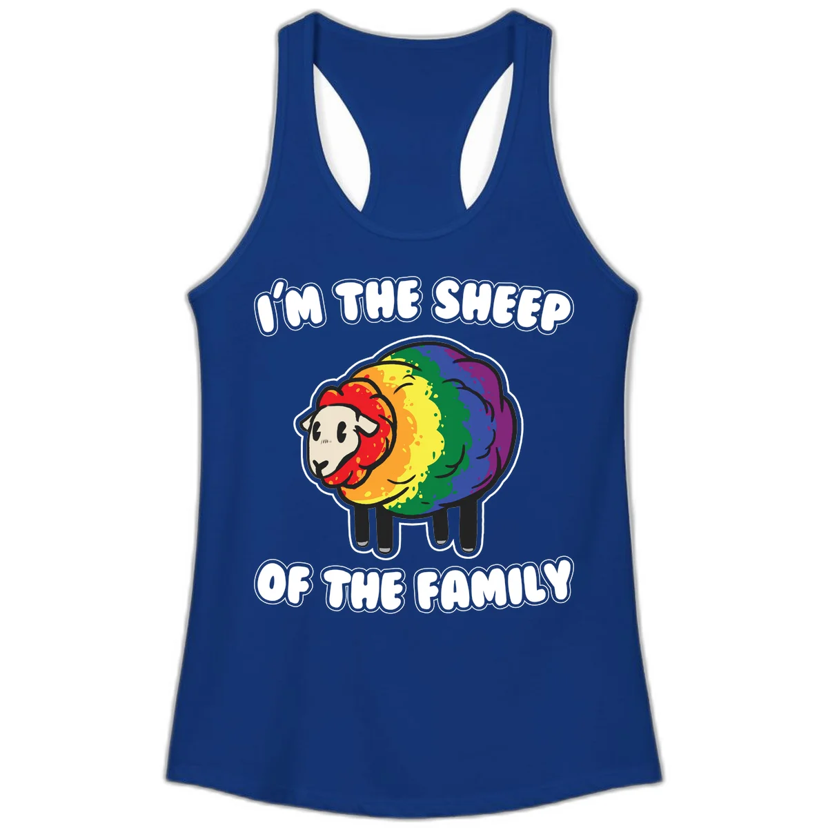Cartoon rainbow sheep with pride flag colors wool and text reading 'I'm The Sheep Of The Family' in Solid Royal