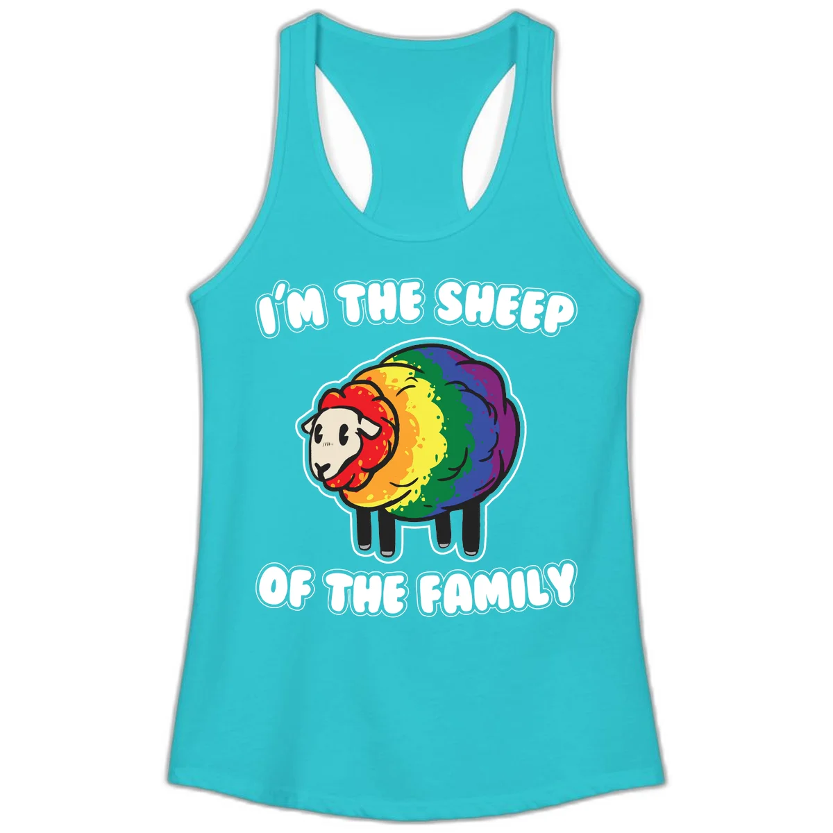 Cartoon rainbow sheep with pride flag colors wool and text reading 'I'm The Sheep Of The Family' in Solid Tahiti Blue