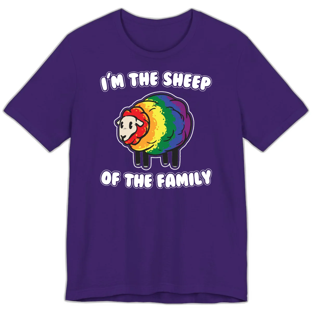 Cartoon rainbow sheep with pride flag colors wool and text reading 'I'm The Sheep Of The Family' in Team Purple