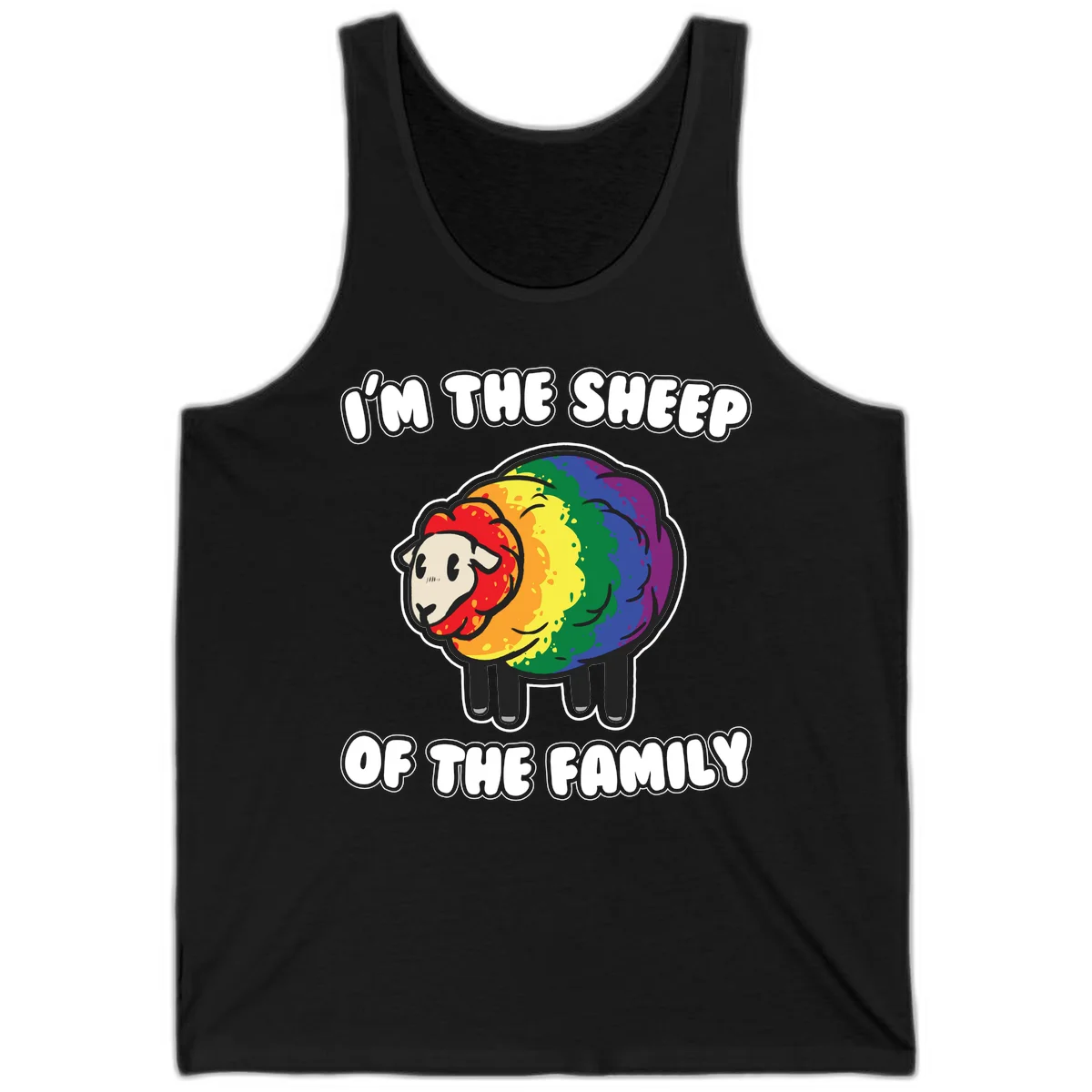 Cartoon rainbow sheep with pride flag colors wool and text reading 'I'm The Sheep Of The Family' in Black