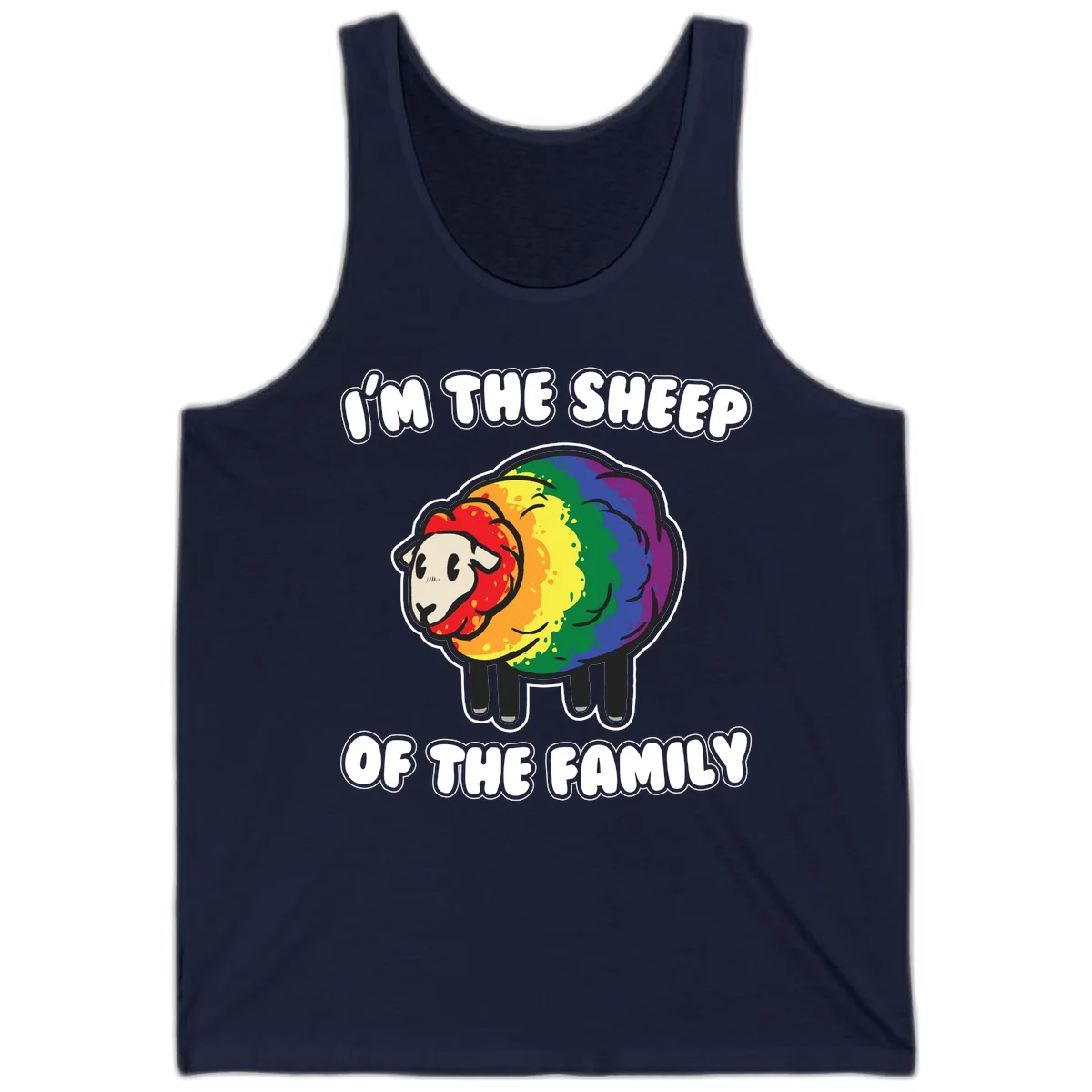 Cartoon rainbow sheep with pride flag colors wool and text reading 'I'm The Sheep Of The Family' in Navy